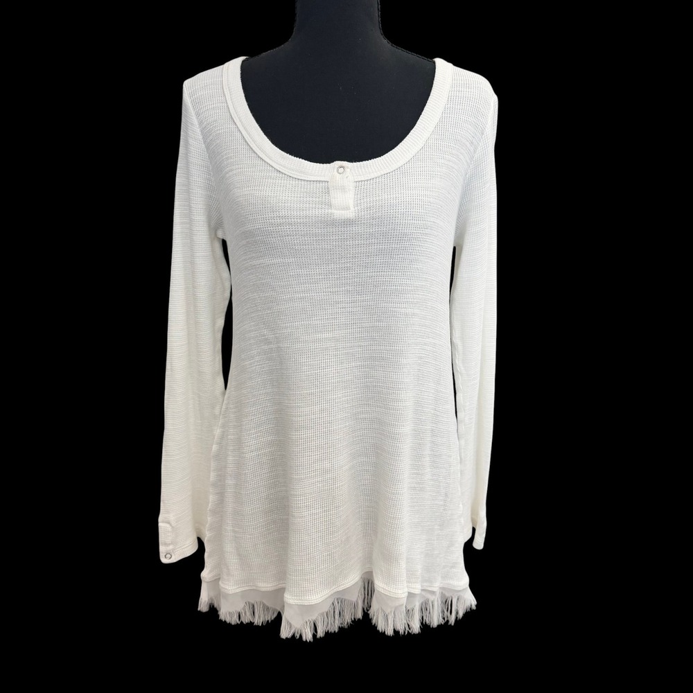Boho Henley Fringe Long Sleeve Top Size M White Waffle Knit Cozy Casual Layering